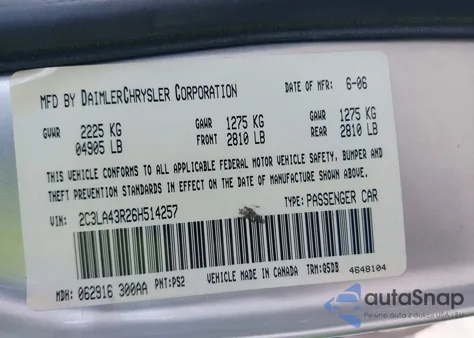 2006 Chrysler 300 z USA, uszkodzony, nr VIN 2C3LA43R26H514257
